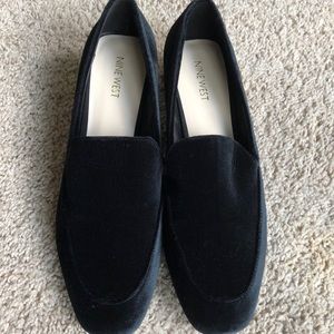 Nine West Black Velvet loafers with lucite heel
